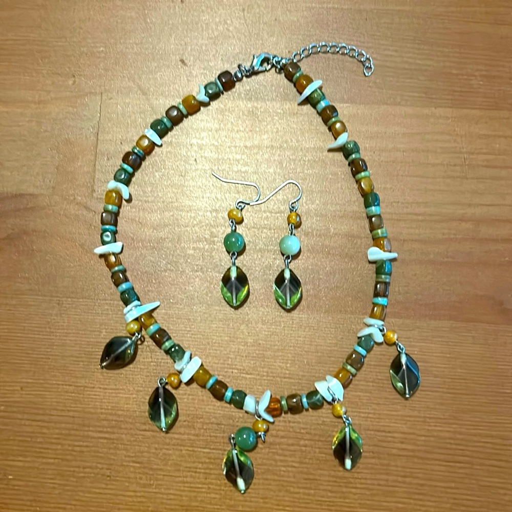 Multicolor beaded dangle necklace and earring set